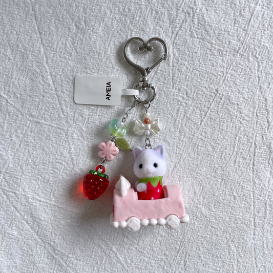 Baby Latte Cat Keychain with Cake Car