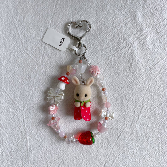 Strawberry Baby Milk Rabbit Keychain with Round Strap