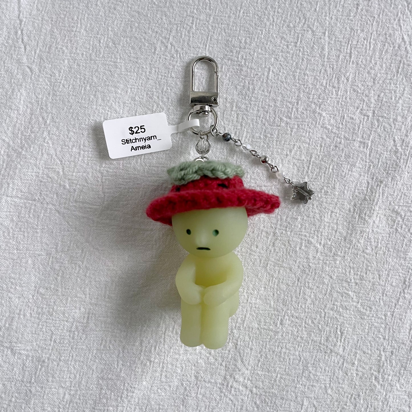 Smiski Hugging Knees with Strawberry Hat Keychain